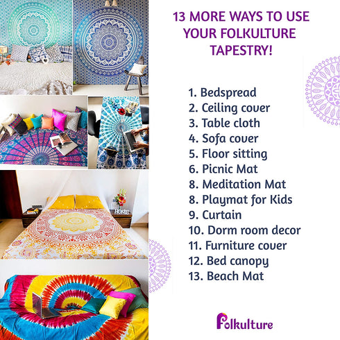 Ombre Mandala Bedspread with Pillow Covers, Indian Bohemian Tapestry Wall Hanging, Picnic Blanket or Hippie Beach Throw, Hippy Mandala Bedding for Bedroom Decor, Queen Size Sunset Hue Boho Tapestry