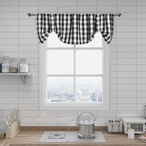 Black and White Buffalo Plaid Tie Up Valance Curtains, Buffalo Check Gingham Farmhouse Retro Adjustable Tie-Up Shades Window Treatment Kitchen Curtains for Cafe Bathroom Windows, 56 x 18", Black/White