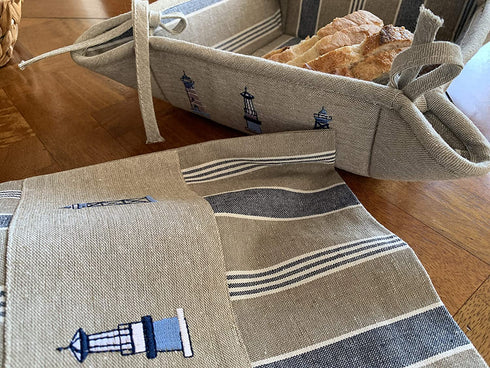 Cotton Cloth Bread Bags for Artisan Homemade Bread Reusable Food Storage - Large Drawstring Bread Bags and Bread Serving Basket - Embroidered Set of 3 (Nautical - Lighthouse)