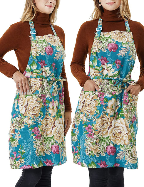 2 Pack Bib Aprons for Women Soft Cotton Linen Kitchen Cooking Chef Apron with Pockets Adjustable Machine Washable 002
