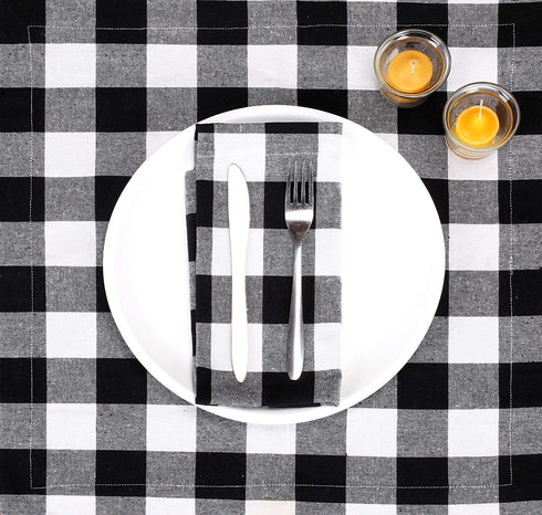 Gingham Buffalo Check Cloth Dinner Napkins Set of 12, 100% Cotton Checkered Wedding Dinner Napkins with Mitered Corners and Generous Hem - 18 x 18 Black White