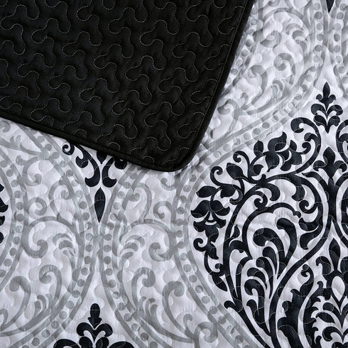 Comfort Spaces Coco 2 Piece Quilt Coverlet Bedspread Ultra Soft Printed Damask Pattern Hypoallergenic Bedding Set, Twin/Twin XL, Black