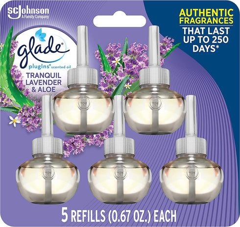 Glade PlugIns Refills Air Freshener, Scented and Essential Oils for Home and Bathroom, Tranquil Lavender & Aloe, 3.35 Fl Oz, 5 Count