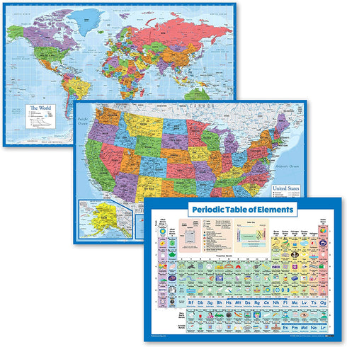 3 Pack - World & USA Map Poster Set + Periodic Table of The Elements Chart for Kids (Laminated, 18" x 29)