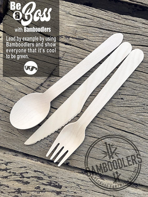BAMBOODLERS Disposable Wooden Cutlery Set | 100% All-Natural, Eco-Friendly, Biodegradable, and Compostable - Because Earth is Awesome! Pack of 200- 6.5? utensils (100 forks, 50 spoons, 50 knives)