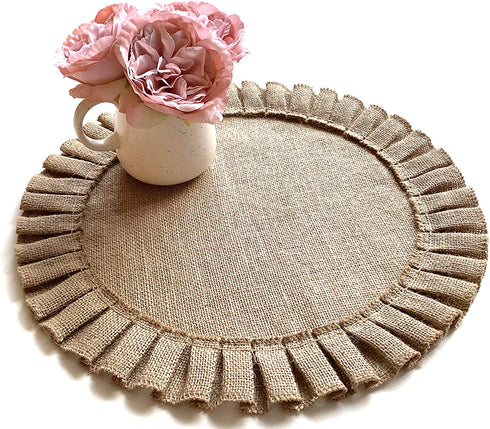 Rustic Farmhouse Burlap Round Placemats, Set of 4, Size in 15 Inches Diameter, Ruffle Trim Design (4)