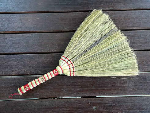 Natural Grass Asian Duster Whisk Broom 16 inch Tall Dustpan Brush Wooden Handmade Thai Bamboo Handle Sweeper for Dusting,Length 16inch x Wide 12inch