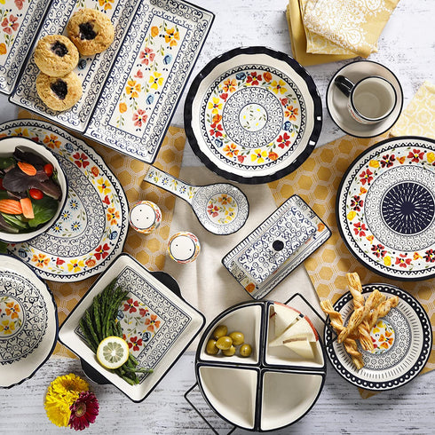Gibson Elite Hand-Painted Dinnerware Set, 4-Section Tidbit Dish w/Metal Rack, Luxembourg