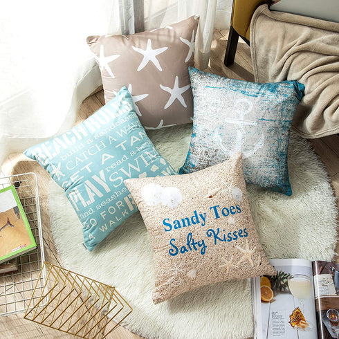 Emvency Set of 4 Throw Pillow Covers Beach Starfish Words Rules Holiday Summer Nautical Anchor Distressed Taupe Decorative Pillow Cases Home Decor Square 16x16 Inches Pillowcases