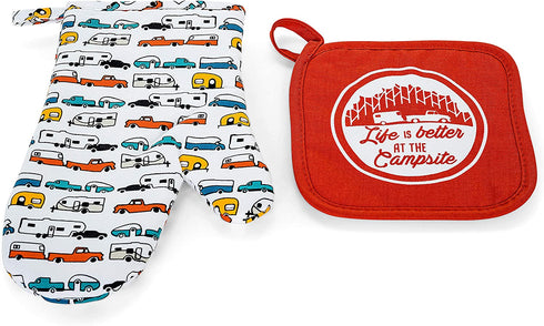 Camco Life is Better at The Campsite Heat Resistant Oven Mitt and Pot Holder Set Pattern Design, Excellent for RV Kitchens, Camping and More (53259),Multicolor Oven Mitt - Red Pot Holder