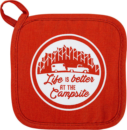 Camco Life is Better at The Campsite Heat Resistant Oven Mitt and Pot Holder Set Pattern Design, Excellent for RV Kitchens, Camping and More (53259),Multicolor Oven Mitt - Red Pot Holder