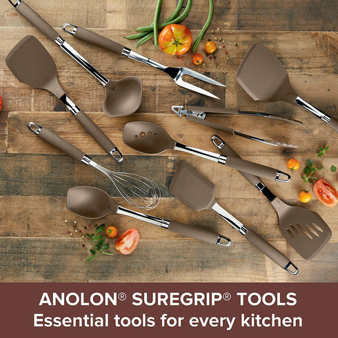 Anolon SureGrip Dishwasher Safe Nonstick Locking Cooking Tongs Set/Salad Serving Tools, 9 Inch and 12 Inch, Bronze Brown