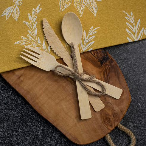 Ibambo Natural Bamboo Utensils 100 Set (50 Forks, 25 Spoons, 25 Knives) Biodegradable Compostable Cutlery, Disposable Bamboo Silverware, Reusable Bamboo Flatware - Gatherings, Camping, Picnic, Parties