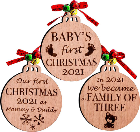 Heart's Sign Set of 3 Babys First Christmas Ornament 2021 | My First Christmas Baby Ornament | Our First Christmas as Mom & Dad Engraved Family Ornament | My First Christmas Tree