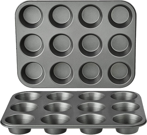 Amazon Basics Nonstick Muffin Baking Pan, 12 cups - Set of 2 & Reusable Silicone Baking Cups, Pack of 12, Multicolor