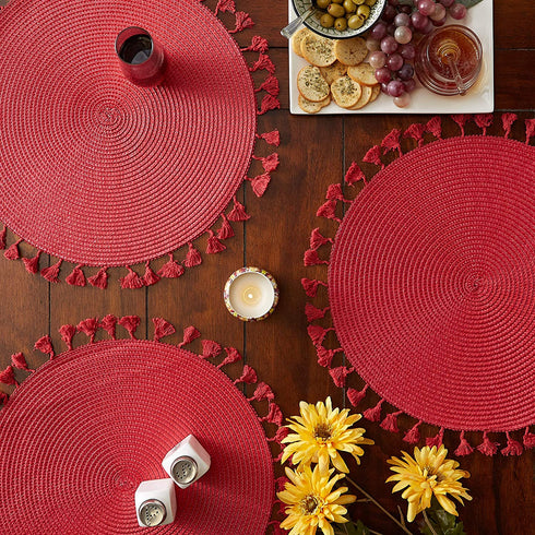 DII Woven Placemat Collection Round, 14.75" Diameter, Hot Red Tassel, 6 Piece