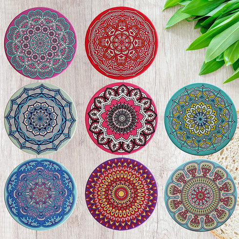BARVIVO Mandala Ceramic Coasters for Drinks Absorbent Set of 8 with Holder - Quickly Absorbing Condensation - Perfect Drink Coasters for Wooden Table Stain Protection with Scratch Preventing Cork Base