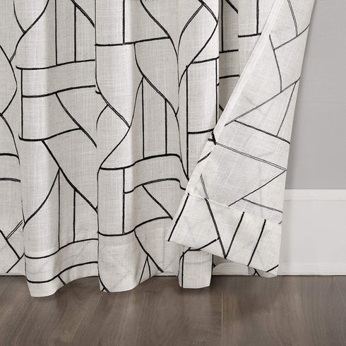 Archaeo Fragmented Geometric Embroidery Mid-Century Modern Natural Linen Blend Curtain, 50" x 84", Black/Linen
