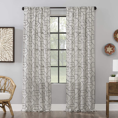 Archaeo Fragmented Geometric Embroidery Mid-Century Modern Natural Linen Blend Curtain, 50" x 84", Black/Linen