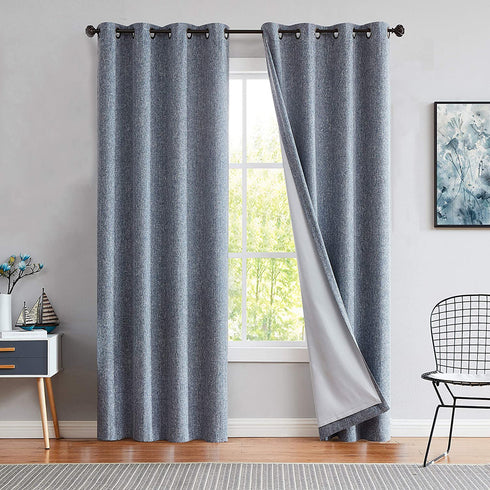 Navy Solid Moderate Blackout Curtain Heavy Linen Texture Room Darkening Window Treatment for Bedroom Noise Reducing Drapes 8 Grommets Top for Living Room with Gray Liner Navy Blue 50" x 63", 1 Piece
