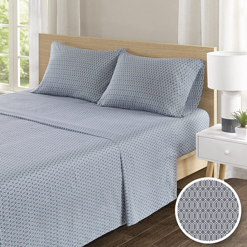Comfort Spaces 100% Cotton Percale 3 Piece Set Ultra Soft Breathable Deep Pocket Printed Geometric Pattern Sheets with Pillow Cases Bedding, Twin, Diamond Blue