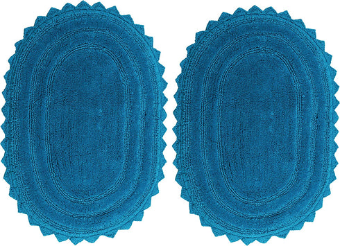 TreeWool, (Pack of 2) Bath Rugs with Crochet Border in Plush Cotton, Reversible - Oval (17" x 24"; Teal)