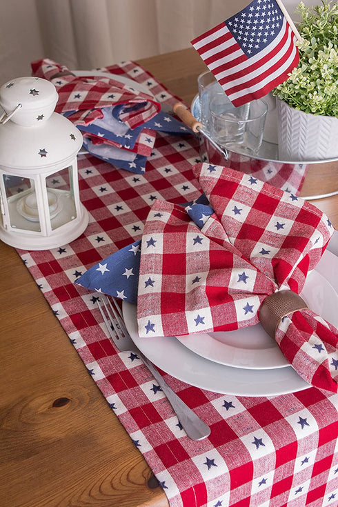 DII Patriotic Stars Check Tabletop Collection for 4th of July Entertaining, Summer Barbeques, Picnics, Indoor/Outdoor Meals, Table Runner, 14x108