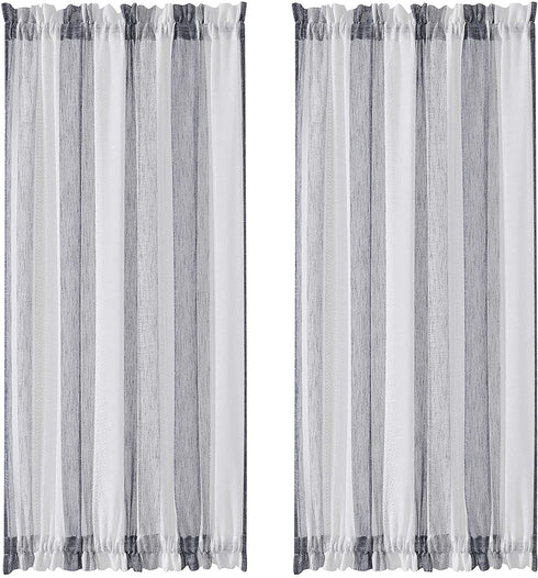 Central Park White French Door Curtain Navy Blue Stripe Sheer Window Panels Boucle Linen Drapes Rod Pocket Yarn Dyed Woven Curtain for Living Room (25" Wx72 Lx 2), 2 Panels