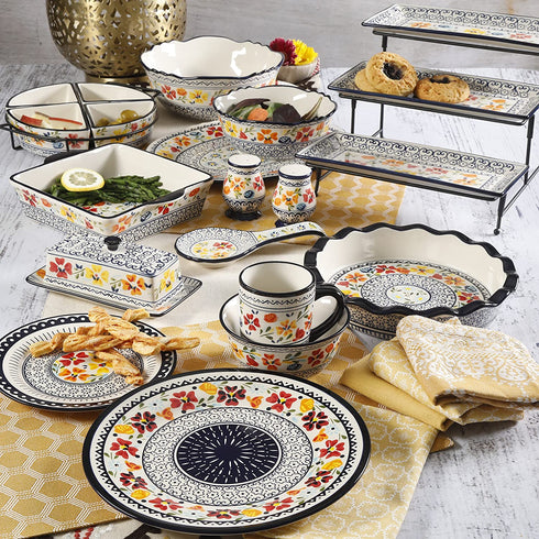 Gibson Elite Hand-Painted Dinnerware Set, 4-Section Tidbit Dish w/Metal Rack, Luxembourg