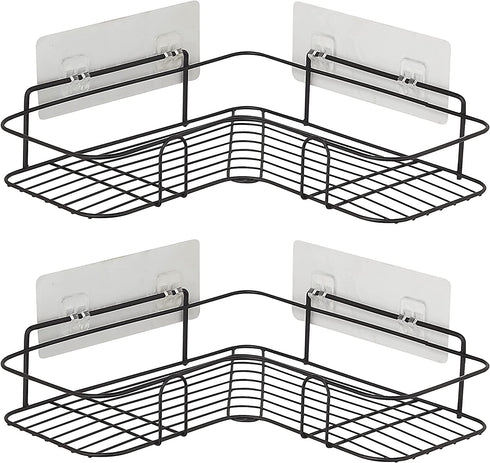 2 Pack Corner Shower Caddy, Wall Mounted No Drilling Shower Shelf with 6 Traceless Adhesive Hooks for Bathroom Kitchen Toilet, Only for 90 Degrees Right Angle, Matte Black