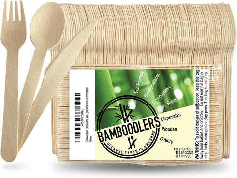 BAMBOODLERS Disposable Wooden Cutlery Set | 100% All-Natural, Eco-Friendly, Biodegradable, and Compostable - Because Earth is Awesome! Pack of 200- 6.5? utensils (100 forks, 50 spoons, 50 knives)