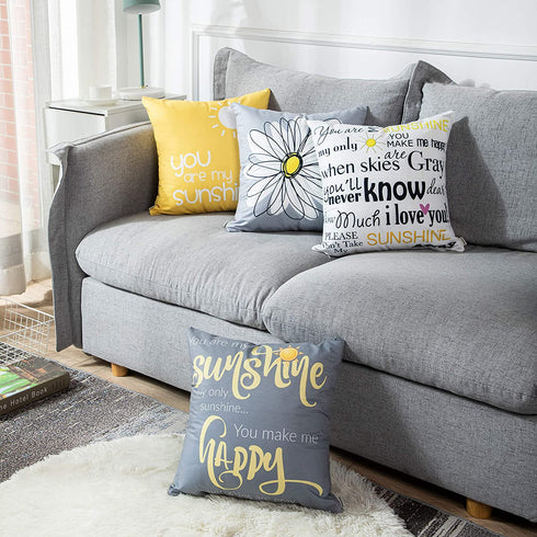 Emvency Set of 4 Throw Pillow Covers You are My Sunshine Yellow Gray with Words Decorative Pillow Cases Home Decor Square 16x16 Inches Pillowcases