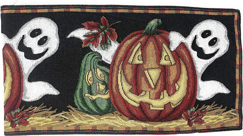 DaDa Bedding Spooky Halloween Pumpkins Tapestry Table Runner - Fall Harvest Orange Jack-o'-Lantern Ghosts Intricate Needle Stitching - Cotton Linen Woven Kitchen Dining Mats - 13" x 67"