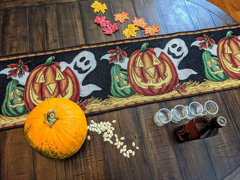 DaDa Bedding Spooky Halloween Pumpkins Tapestry Table Runner - Fall Harvest Orange Jack-o'-Lantern Ghosts Intricate Needle Stitching - Cotton Linen Woven Kitchen Dining Mats - 13" x 67"