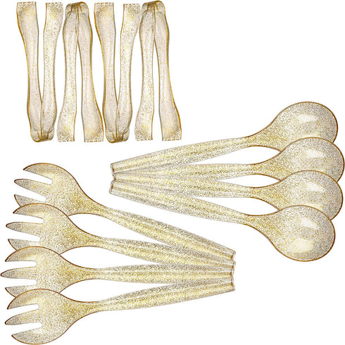 Plastic Serving Utensils, Heavy Duty Disposable utensil,12 Pack, Four 10” Spoons and Forks, Four 6-1/2” Tongs, Gold