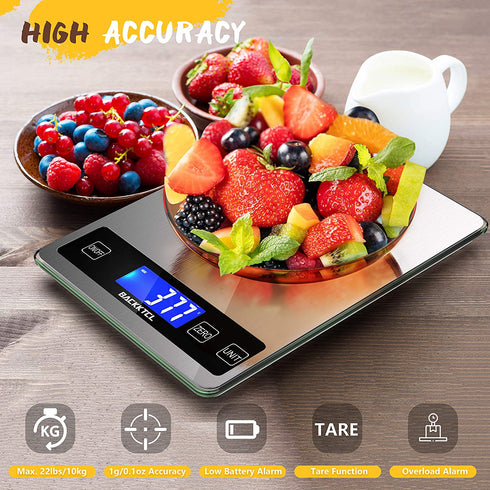 BACK KTCL Digital Food Kitchen Scale, 22lb Weight Multifunction Scale Measures in Grams and Ounces for Cooking Baking, 1g/0.1oz Precise Graduation, Stainless Steel and Tempered Glass