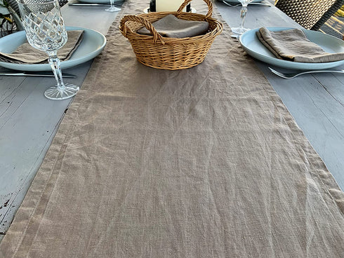 Linen Table Runner 100% French Flax Stonewashed Pure Linen Cloth Table Runner (Natural Rustic Taupe, 14 x 90 Inch)