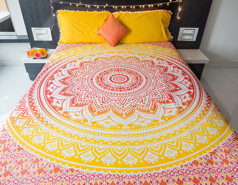 Ombre Mandala Bedspread with Pillow Covers, Indian Bohemian Tapestry Wall Hanging, Picnic Blanket or Hippie Beach Throw, Hippy Mandala Bedding for Bedroom Decor, Queen Size Sunset Hue Boho Tapestry