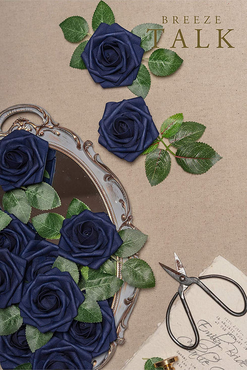 Breeze Talk Artificial Flowers Navy Blue Roses 25pcs Realistic Fake Roses w/Stem for DIY Wedding Bouquets Centerpieces Arrangements Party Baby Shower Home Decorations