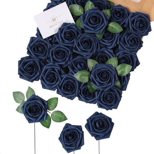 Breeze Talk Artificial Flowers Navy Blue Roses 25pcs Realistic Fake Roses w/Stem for DIY Wedding Bouquets Centerpieces Arrangements Party Baby Shower Home Decorations