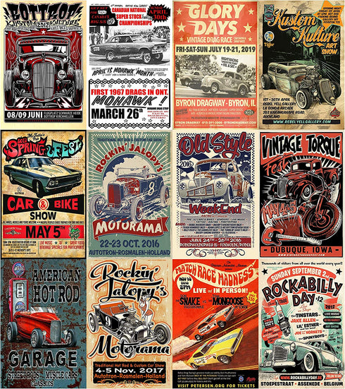 HK Studio Vintage Car Posters - Easy Peel and Stick Indie Posters for Room Aesthetic 90s - Retro Car Poster for Wall Collage Kit 7.8"x11.8" Pack 12