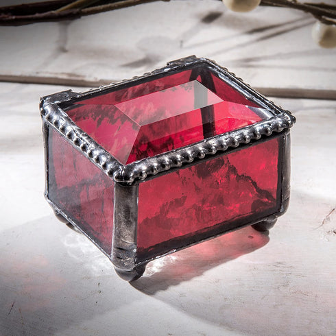 Ring Box Small Glass Jewelry Wedding Engagement Ring Dish Display Keepsake Trinket Case Gift Ruby Red Stained Glass J Devlin Box 325-4