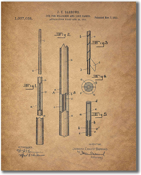 Billiards Patent Wall Art Prints - Set of 6 Vintage Pool Historical Photos
