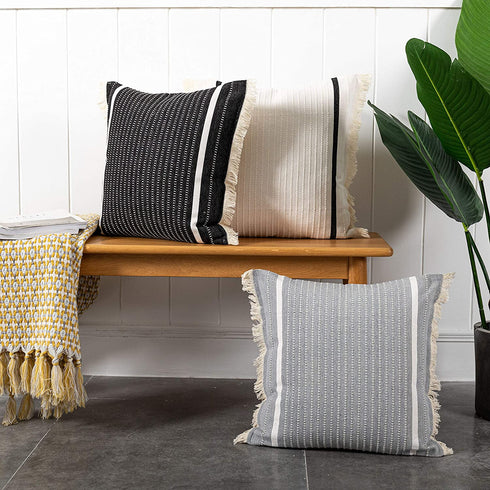 OJIA Modern Throw Pillow Cover with Tassels, Decorative Liana Fringe Accent Cushion Case, Farmhouse Woven Pillowcase for Sofa Chair Couch Bed Decor (Square 18 Inches, Black)