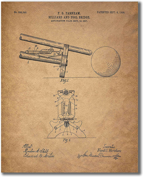 Billiards Patent Wall Art Prints - Set of 6 Vintage Pool Historical Photos