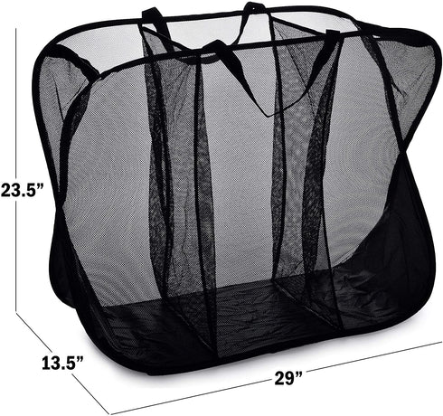 Three Compartment Popup Hamper - Durable Mesh Material, Folds for Storage, Handles to Carry Easily to The Laundry Room. Folding Pop-Up Laundry Hampers are Great for College Dorm or Travel. (Black)