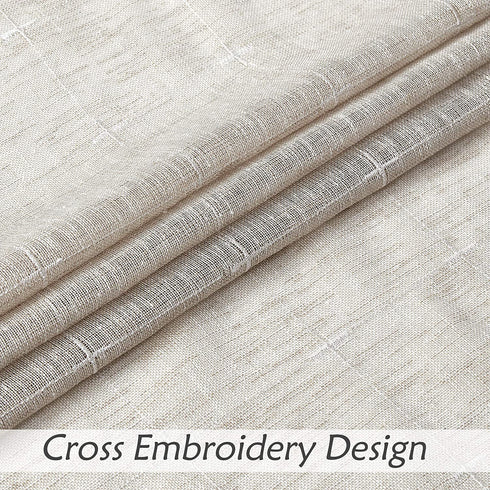 Central Park Linen Semi Sheer Curtain White GEO Cross Embroidery Panels Linen Texture Rod Pocket Window Treatment Drape Sets for Living and Bedroom Farmhouse 63 inches Long, 2 Panels, Linen