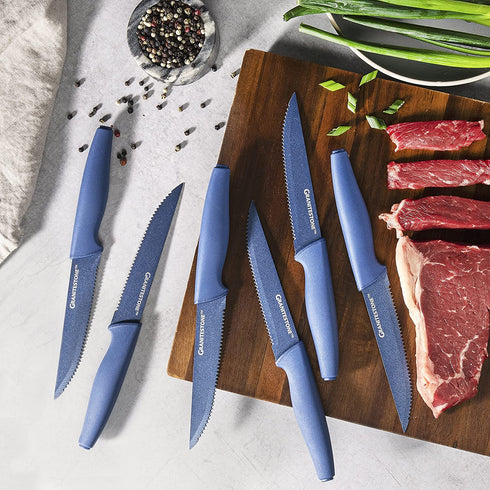 Nutriblade 6-Piece Steak Knives Set by Granitestone Stainless Steel Serrated Blades with Comfortable Handles Dishwasher-safe Rust-proof Steak Knife For Home and Restaurant Use As Seen On TV (Blue)