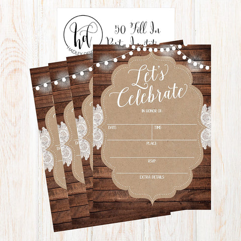 50 Celebration Invitations for Wedding Rehearsal Dinner, Bridal Shower, Engagement, Birthday, Bachelorette Party, Baby Shower, Reception, Anniversary, Housewarming, Graduation, Sweet 16, BBQ Cookout