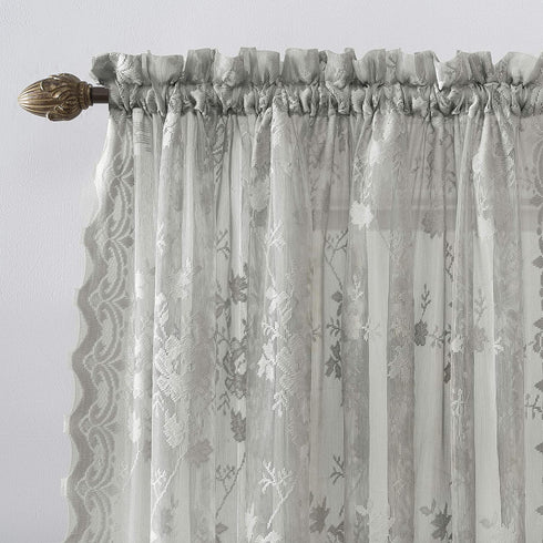 No. 918 Alison Floral Lace Sheer Rod Pocket Curtain Panel, 58" x 84", Dove Gray